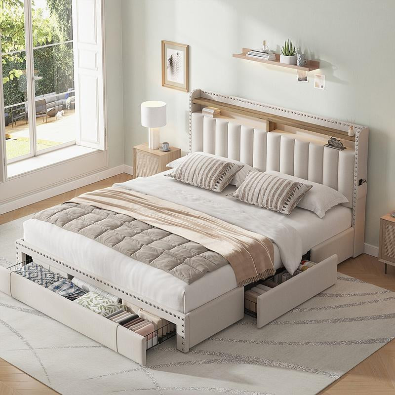 Raybee Furniture King Size Bed Frame with Storage, MATTRESS NOT INCLUDED Bedframe with Headboard, Upholstered Queen or Full Size Divan Beds with Drawers and Built-In Shelves