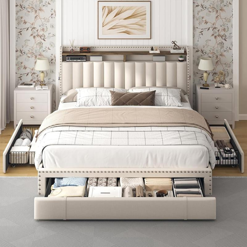 Raybee Furniture King Size Bed Frame with Storage, MATTRESS NOT INCLUDED Bedframe with Headboard, Upholstered Queen or Full Size Divan Beds with Drawers and Built-In Shelves